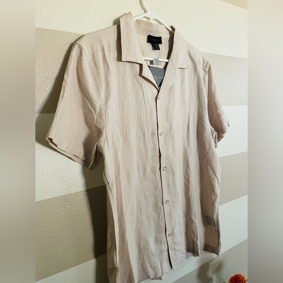 Magaschoni Men's Beige European Linen Blend Casual Button Down Shirt - Picture 7 of 9